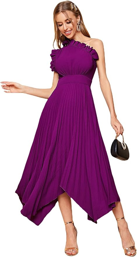 Floerns Women's Boho Floral Ruffle Trim One Shoulder Sleeveless Hanky Hem Belted Pleated Long Dre... | Amazon (US)