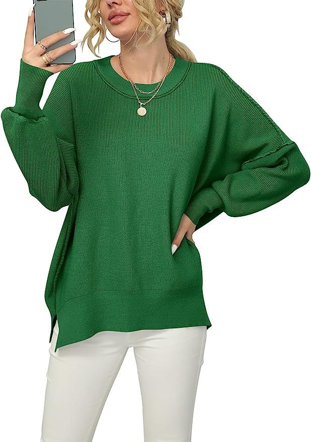 ANRABESS Women Crewneck Batwing Sleeve Oversized Side Slit Ribbed Knit Pullover Sweater Top | Amazon (US)