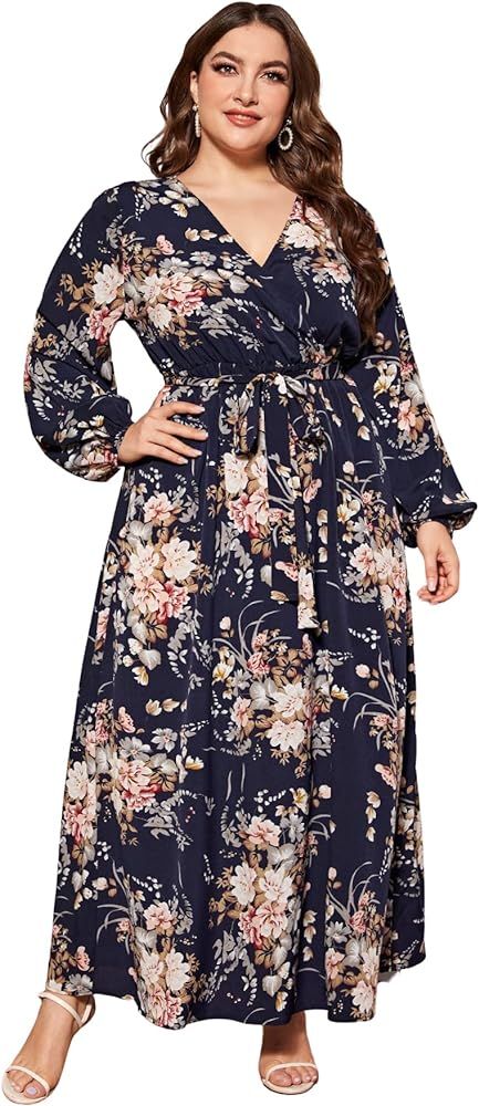 WDIRARA Women's Plus Size Floral Print V Neck Belted Bishop Long Sleeve Dress | Amazon (US)