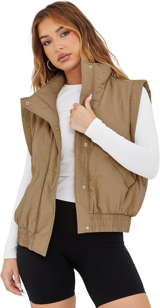 Athlisan Womens Cropped Puffer Vest Stand Collar Sleeveless Padded Gilet Vest with Pockets | Amazon (US)