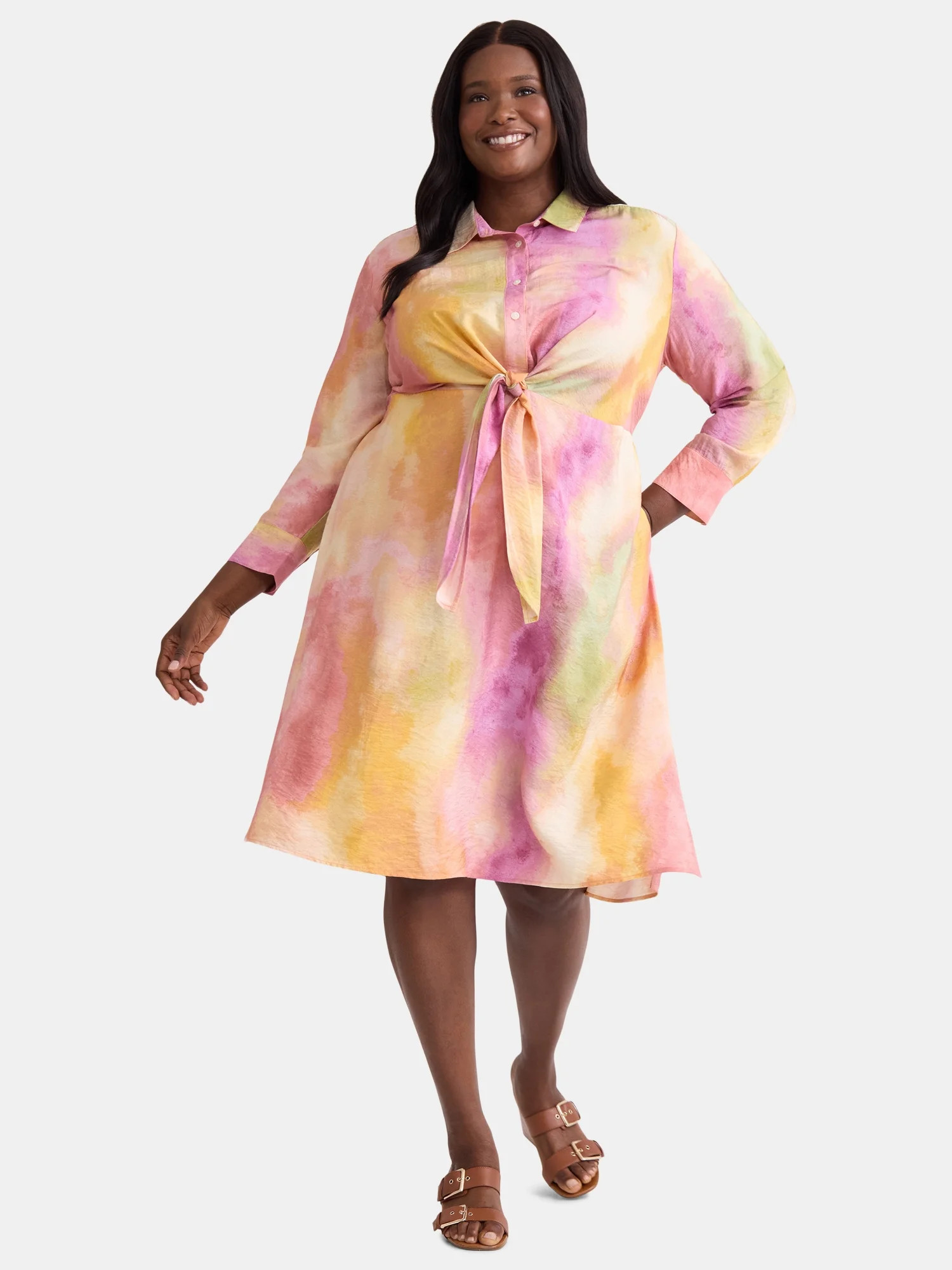 Terra & Sky Women's Plus Size Tie Front Shirtdress, Sizes 0X-5X | Walmart (US)