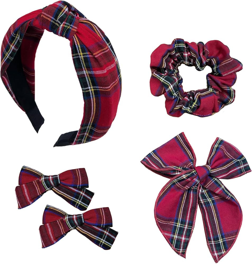 5 Pcs Plaid Headband With Hair Knotted Scrunchies Bow, Christmas Hair Bows Set, Padded Holiday He... | Amazon (US)