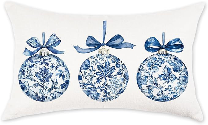 TAJWE Christmas Pillow Cover 12x20 Inch Chinoiserie Blue Bow Christmas Ornaments Pillowcase Farmh... | Amazon (US)
