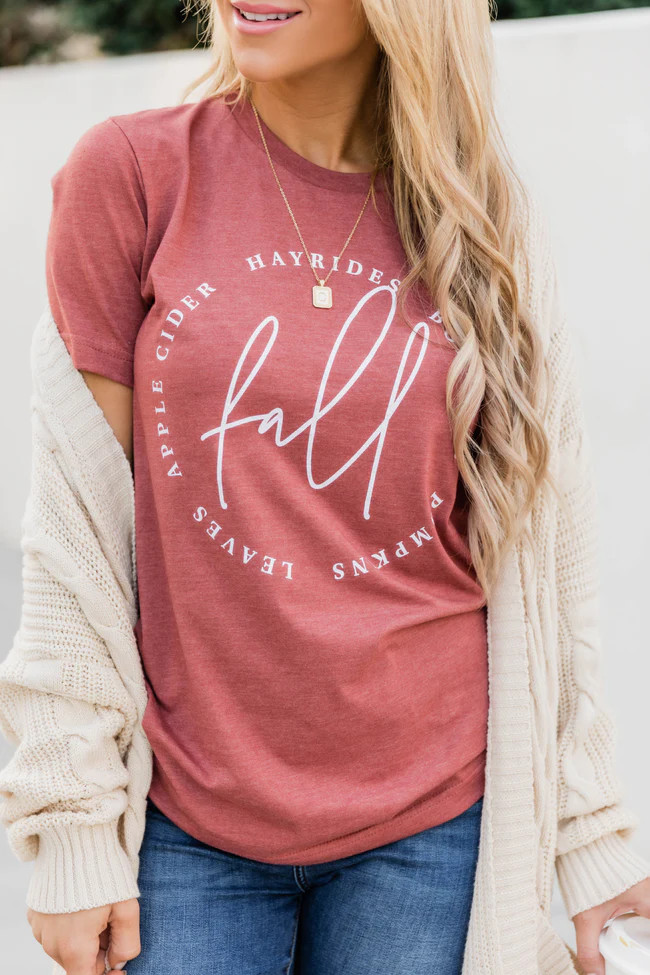 Fall Script Graphic Heather Clay Tee Shirt | Pink Lily