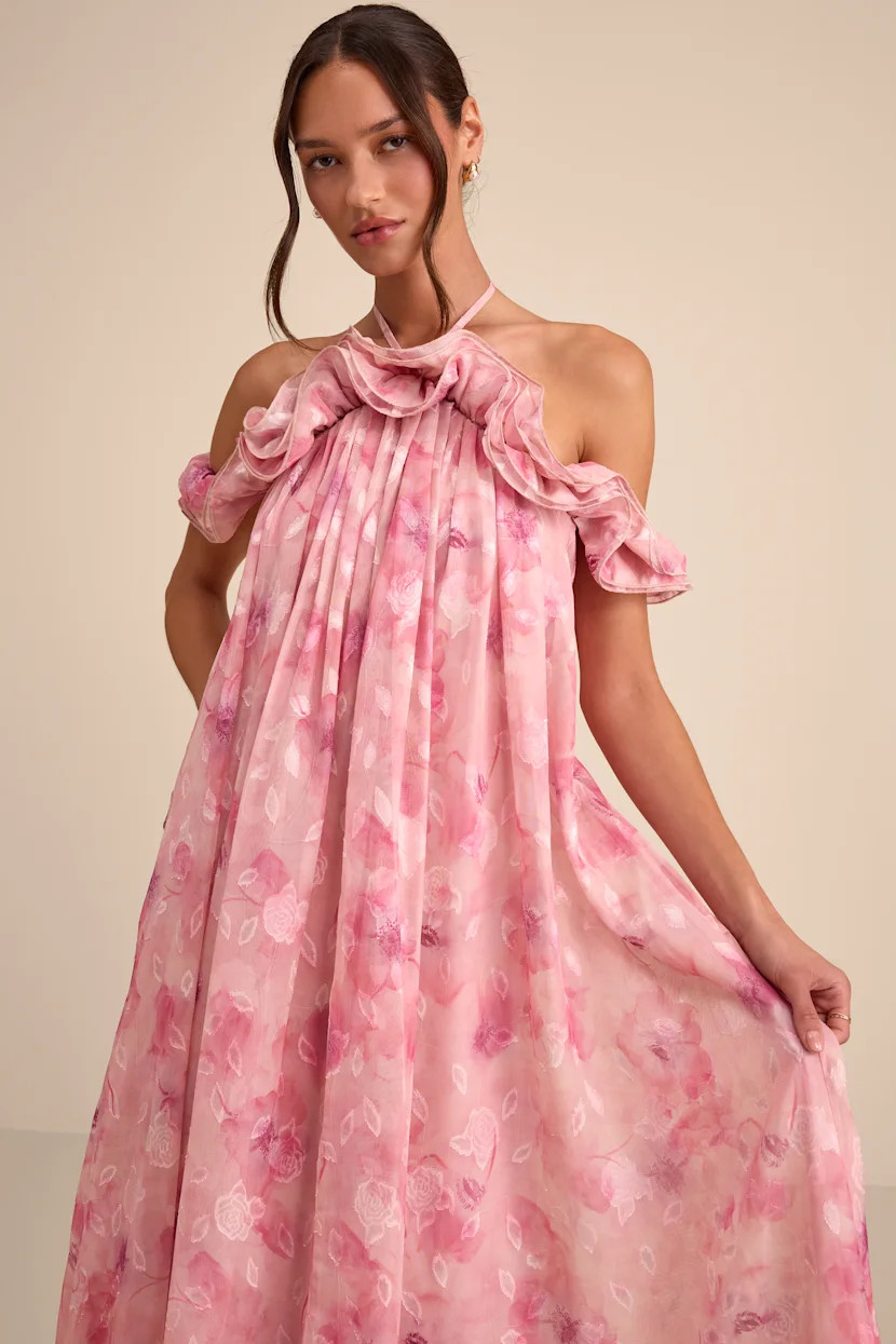 Amia Pink Floral Burnout Ruffled Shift Maxi Dress | Lulus