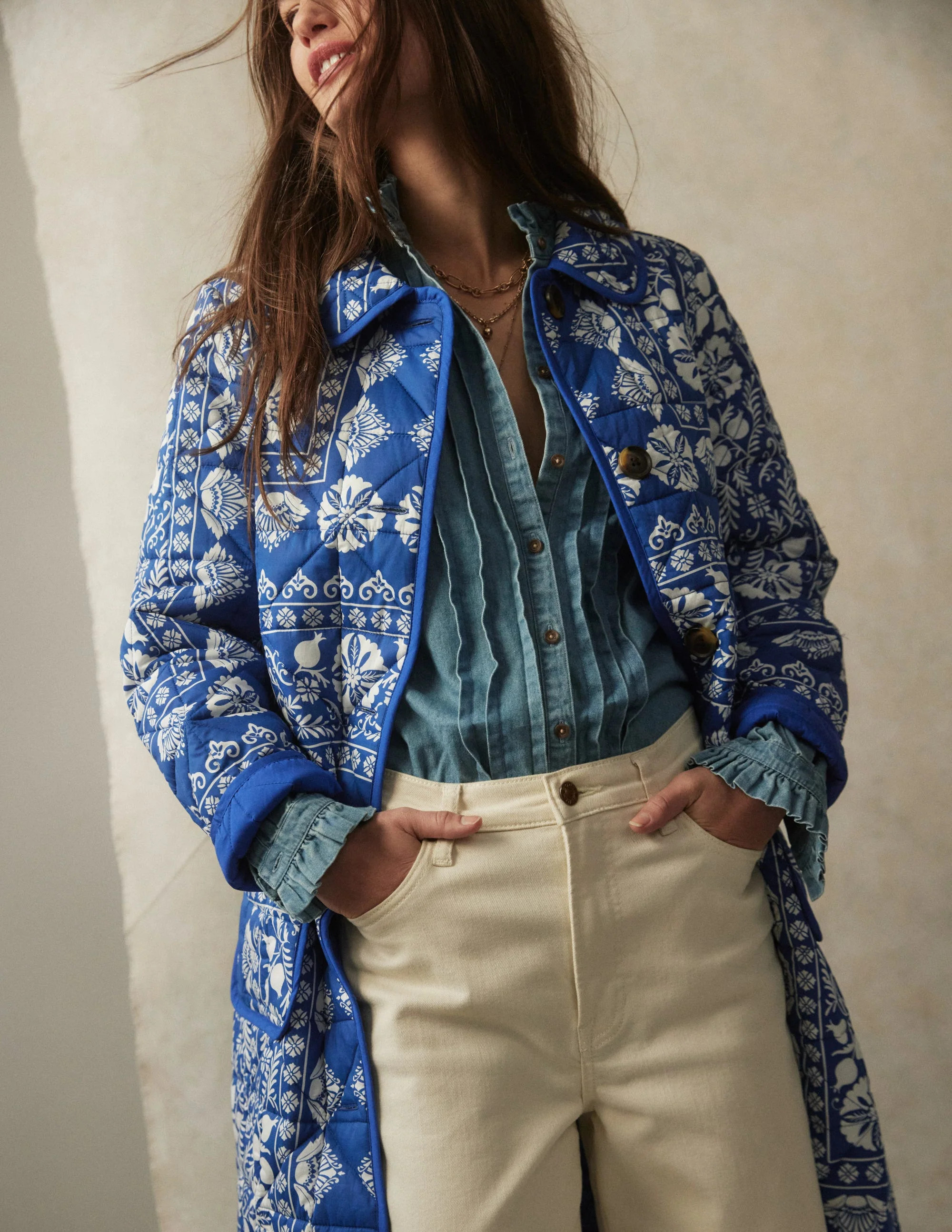 Soft Quilted Coat-Bright Blue, Ornate Stripe | Boden UK