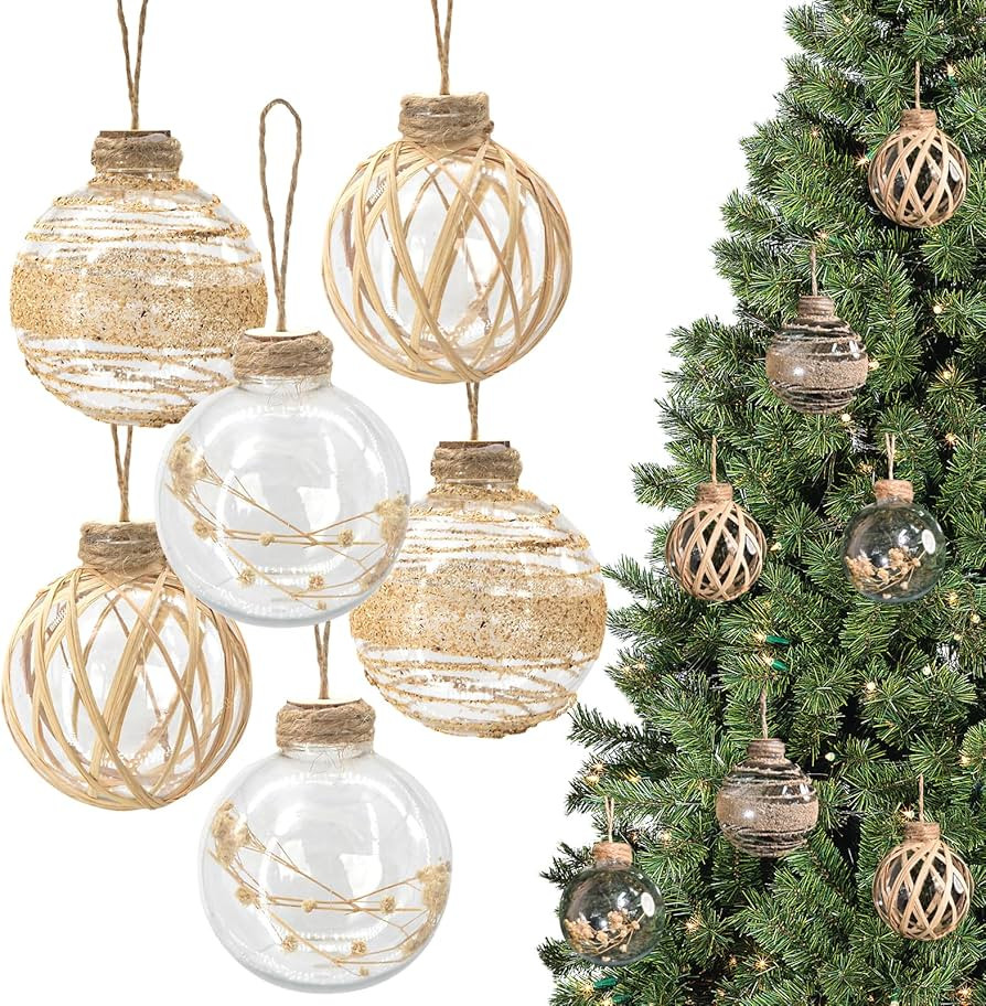 6pcs Rustic Boho Christmas Ball Ornaments, 3.54in Clear Linen Christmas Tree Ornaments with Strip... | Amazon (US)