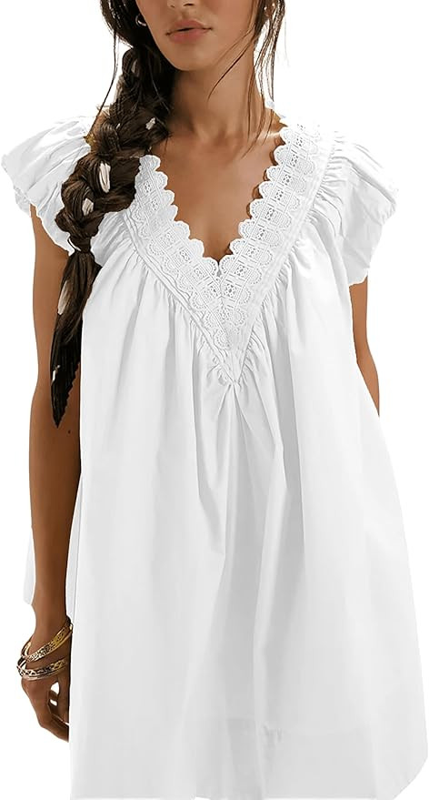 Women's Summer Babydoll Dress V-Neck Short Puff Sleeve Lace Trim Loose Fit Mini Cotton Shift Dres... | Amazon (US)