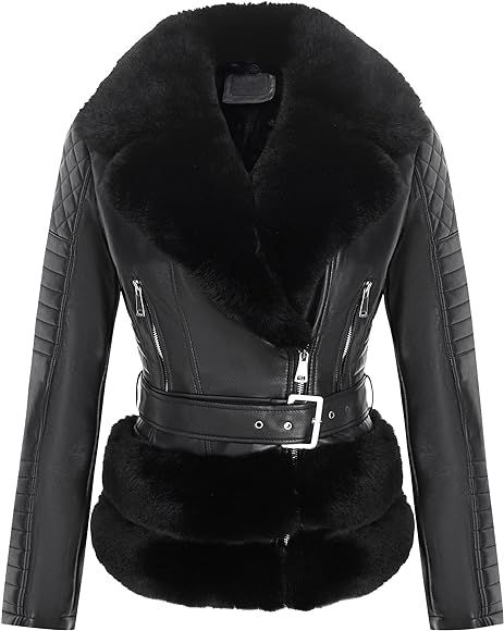 Bellivera Womens Faux Leather Jacket, Fall and Winter Fashion 2021 Moto Biker Coat with Fur Collar | Amazon (US)
