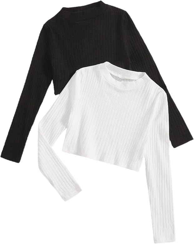 Romwe Girl's 2 Pack Rib Knit Round Neck Long Sleeve Solid Plain Crop Top Tee | Amazon (US)
