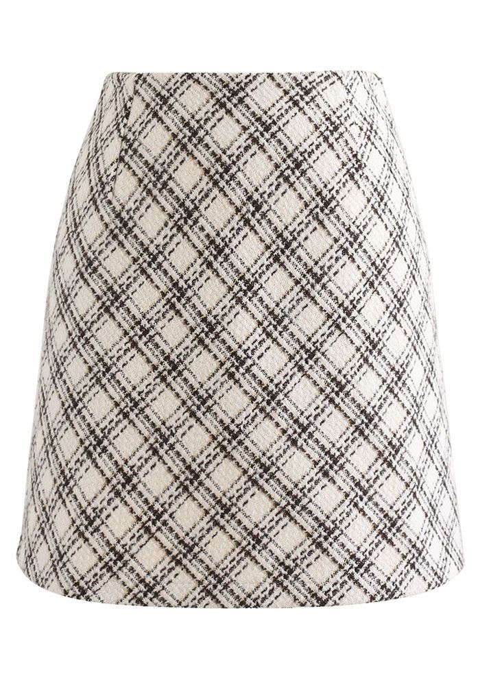 Plaid Pattern Tweed Mini Bud Skirt in Ivory | Chicwish