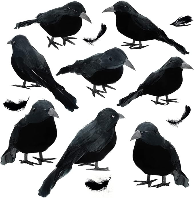 Jetec 8 Pack Halloween Black Feathered Crows Black Birds Handmade Realistic Crow with Real Feathe... | Amazon (US)