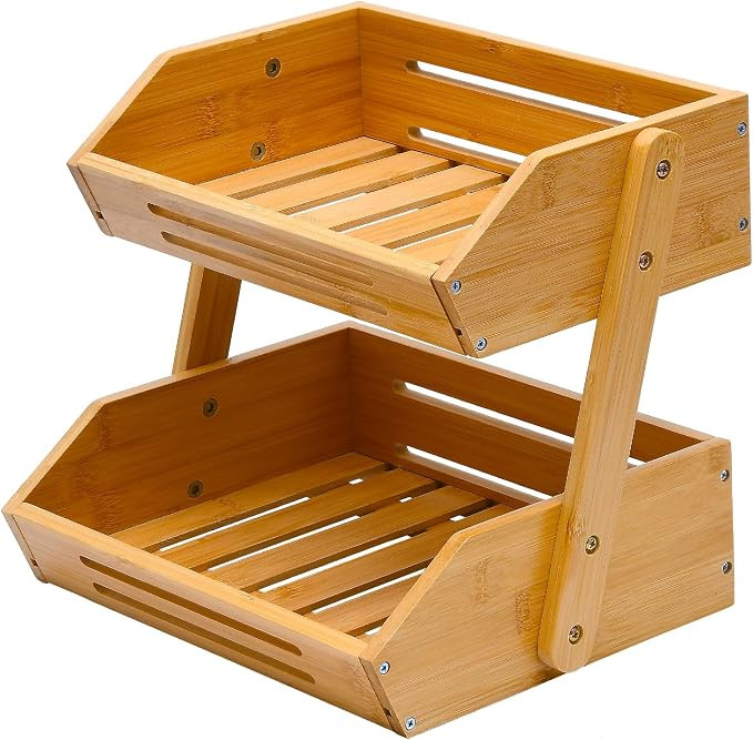 Fruit Basket, 2 Tier Bamboo Fruit Basket for Kitchen, 11" Tall Fruit Stand Storage Holder, Heavy ... | Amazon (US)