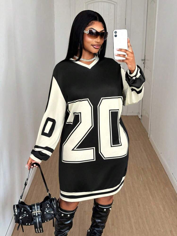 INAWLY Plus Size Contrast Color Splice Number Print Dress Fall Cloth For Women | SHEIN