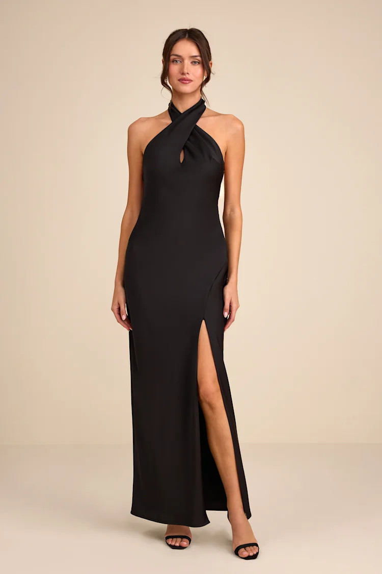 Daney Black Satin Cross-Front Halter Maxi Dress | Lulus