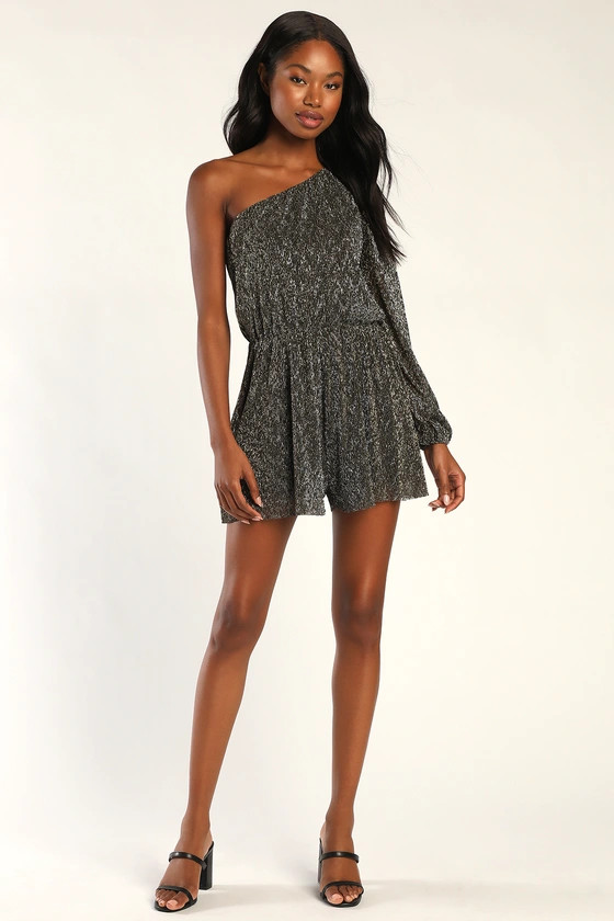 Soiree Sweetheart Gold and Silver Lurex One-Shoulder Romper | Lulus (US)