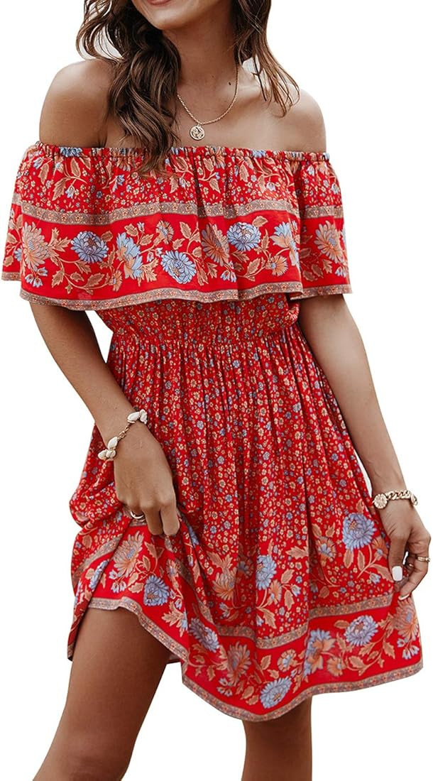 Off Shoulder Boho Floral Swing Mini Dress Summer Strapless Pleated Short Dress | Amazon (US)