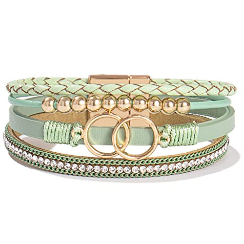 FANCY SHINY Boho Leather Wrap Bracelet Stackable Beaded Infinity Chunky Cuff Bracelets with Magnetic Clasp Western Hippie Outfits Jewelry Gifts for Women(Avocado) | Amazon (US)