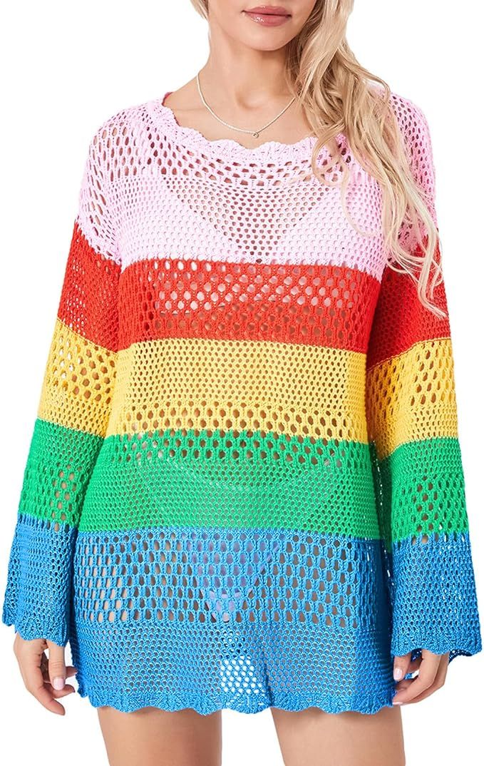 Fabumily Women Crochet Knit Mini Dress Long Sleeve Colorful Mesh Cover Ups Casual Sweater Dress 2... | Amazon (US)