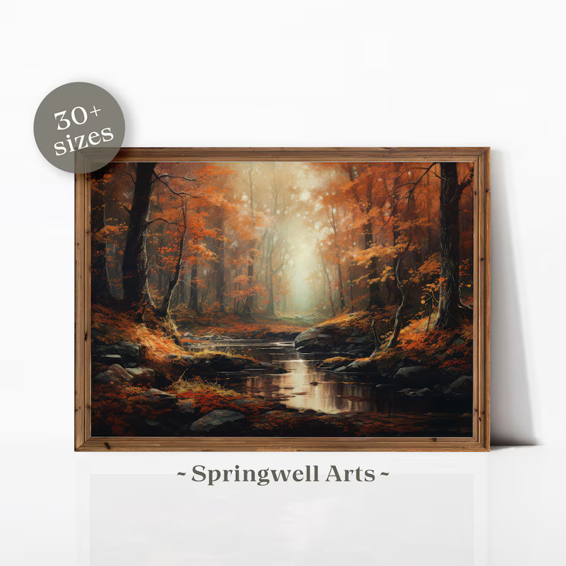 Vintage Autumn Forest Stream Painting | Fall Foliage Landscape Printable Wall Art | Cozy Home Dec... | Etsy (US)