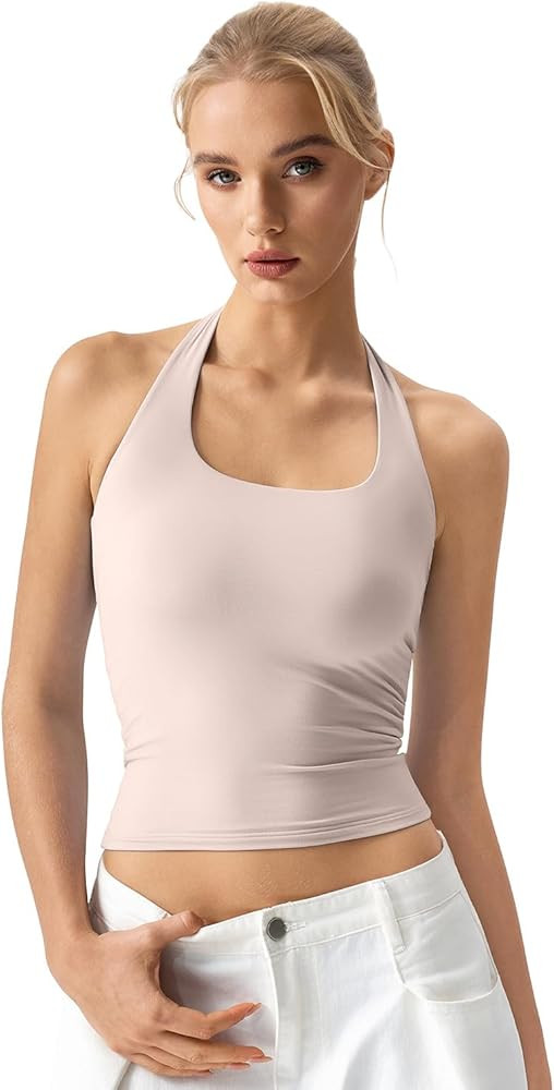 QINSEN Womens Halter Top Double Lined Tank Top Sleeveless Open Back Slim fit Going Out Tops | Amazon (US)