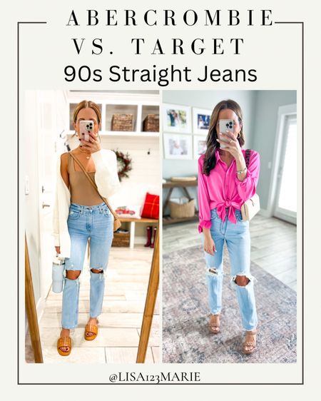 Abercrombie 90s straight jeans (24 extra short, needed short) vs. Target 90s straight jeans (00s). Target pair is a great dupe option but runs a smidge big. Size down if in between sizes. 

#LTKunder50 #LTKSale #LTKFind