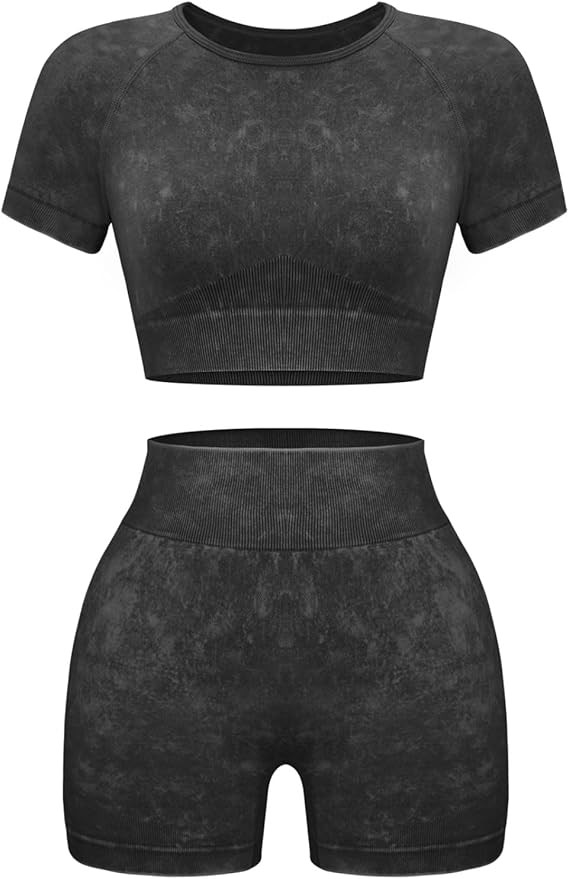 OLCHEE Womens Workout Sets 2 Piece - Seamless Acid Wash Yoga Outfits Shorts and Crop Top Matching... | Amazon (US)