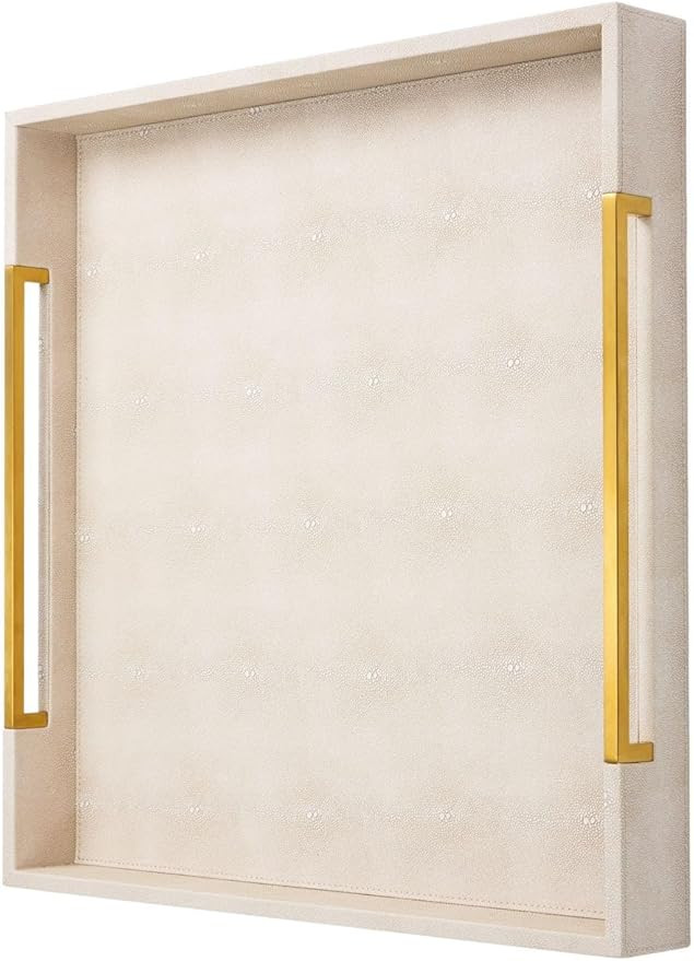 Sagala 20"x20" Extra Large Ottoman Tray with Gold Handles, Ivory Shagreen Leather Decorative Tray... | Amazon (US)