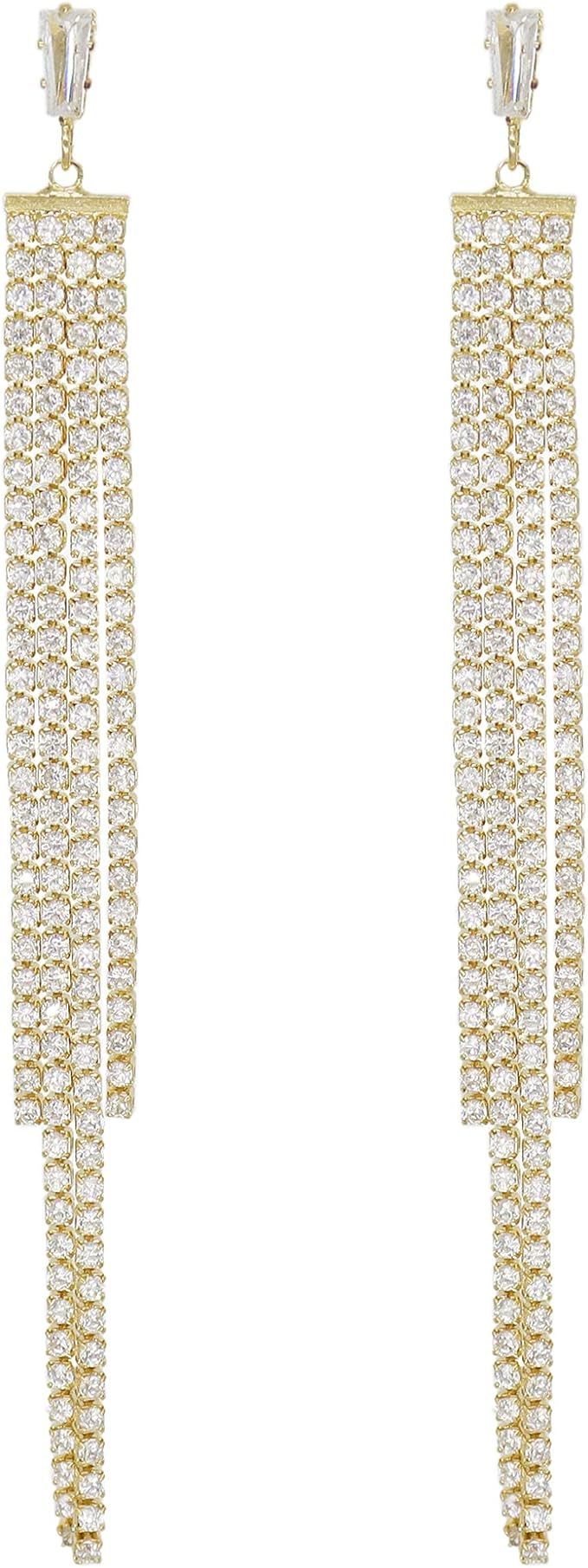 JeanBeau Long Tassel Chain Earrings for Women - Crystal Rhinestone Zircon Strand Bridal Chandelie... | Amazon (US)