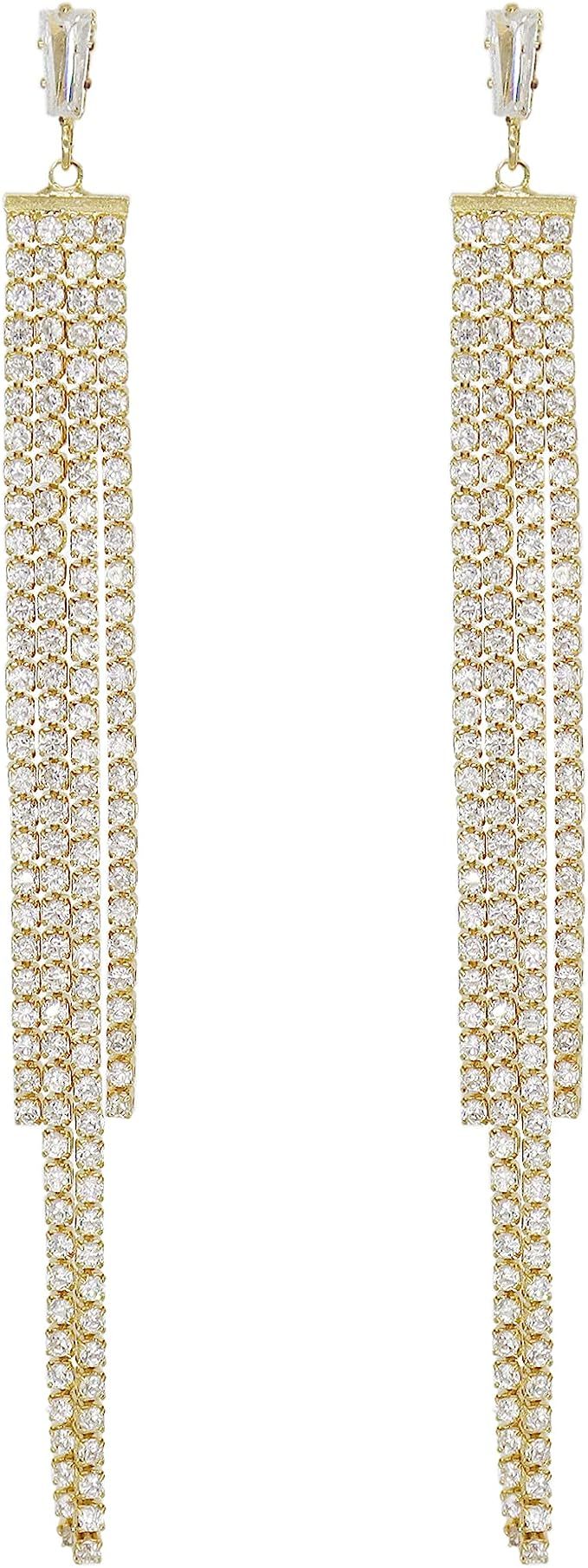 JeanBeau Long Tassel Chain Earrings for Women - Crystal Rhinestone Zircon Strand Bridal Chandelie... | Amazon (US)