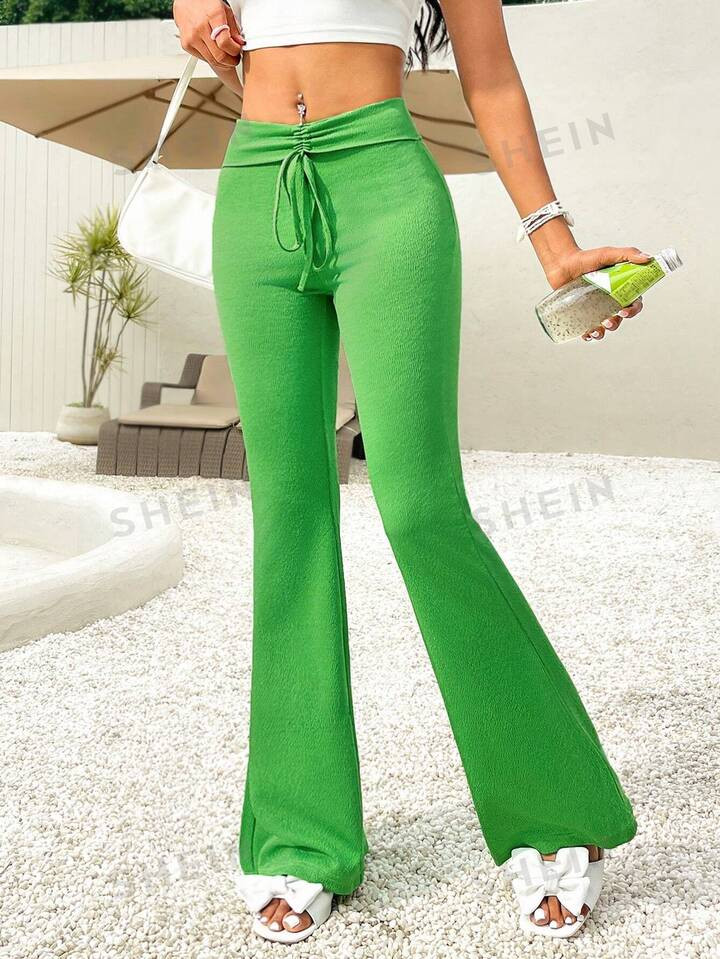 SHEIN WYWH Solid Color Elastic Waist Flare Pants | SHEIN