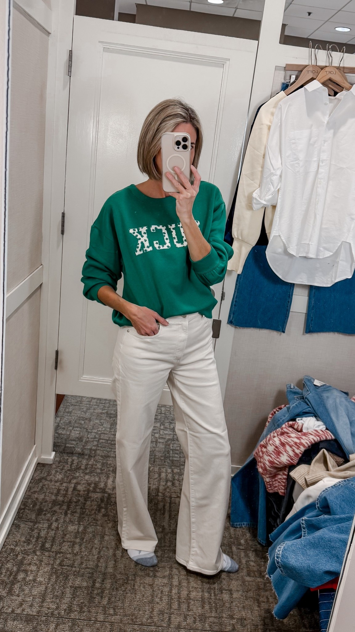 50% off - St. Patrick’s day outfit idea ☘️ Soft and cozy LUCK sweatshirt. Wearing an xs 

Ivory jeans in high rise wide leg 
Rivete denim jeans 
Teacher outfit idea 
Workwear 
Sale finds
Loft finds 
Love Loft 
#loveloft 
#teacheroutfits 
Fun and festive looks 
Holiday outfits 

#LTKWorkwear #LTKootd #LTKSaleAlert