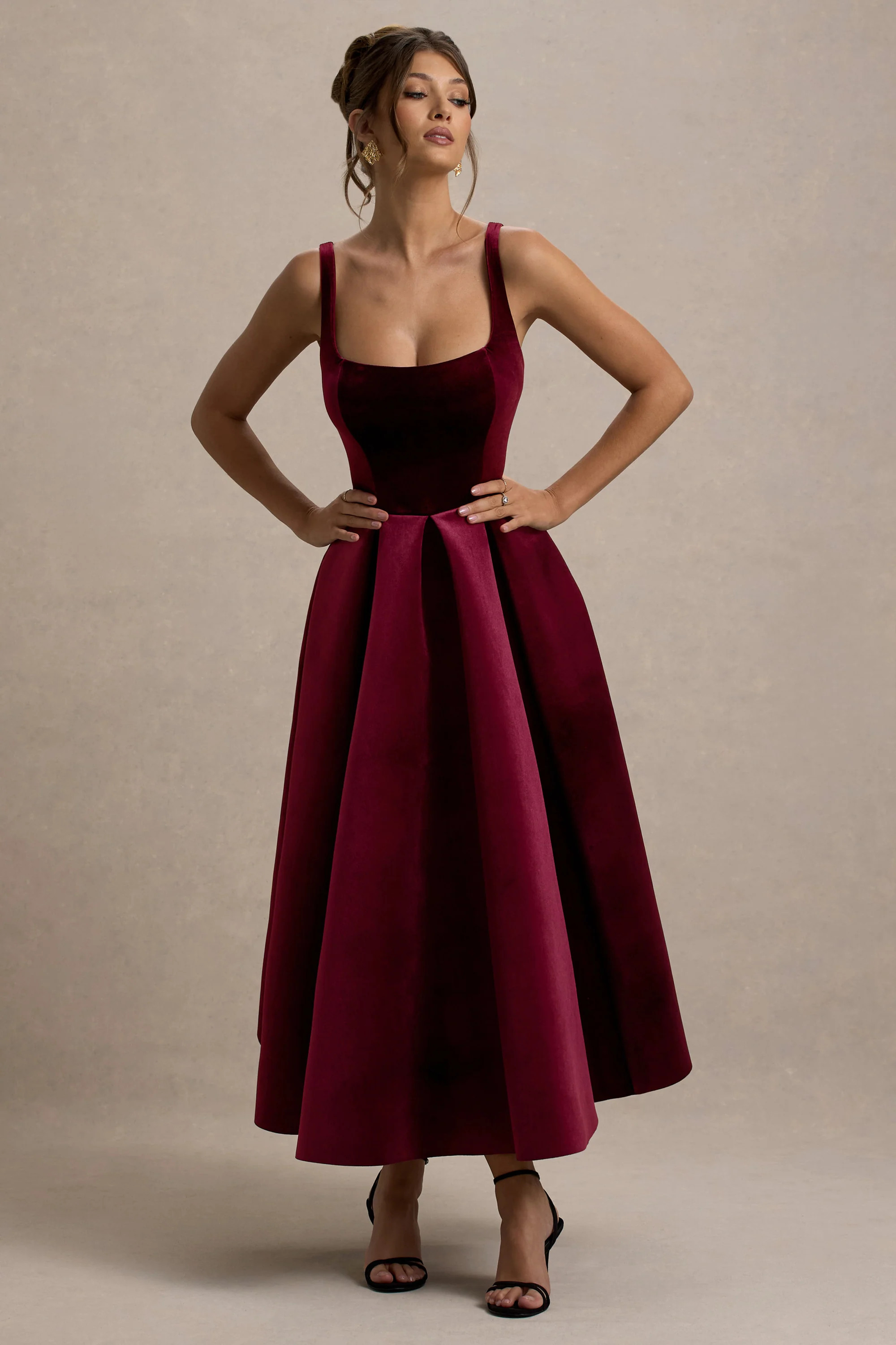 Francisca  Berry Velvet Strappy Volume-Hem Midi Dress | Club L London