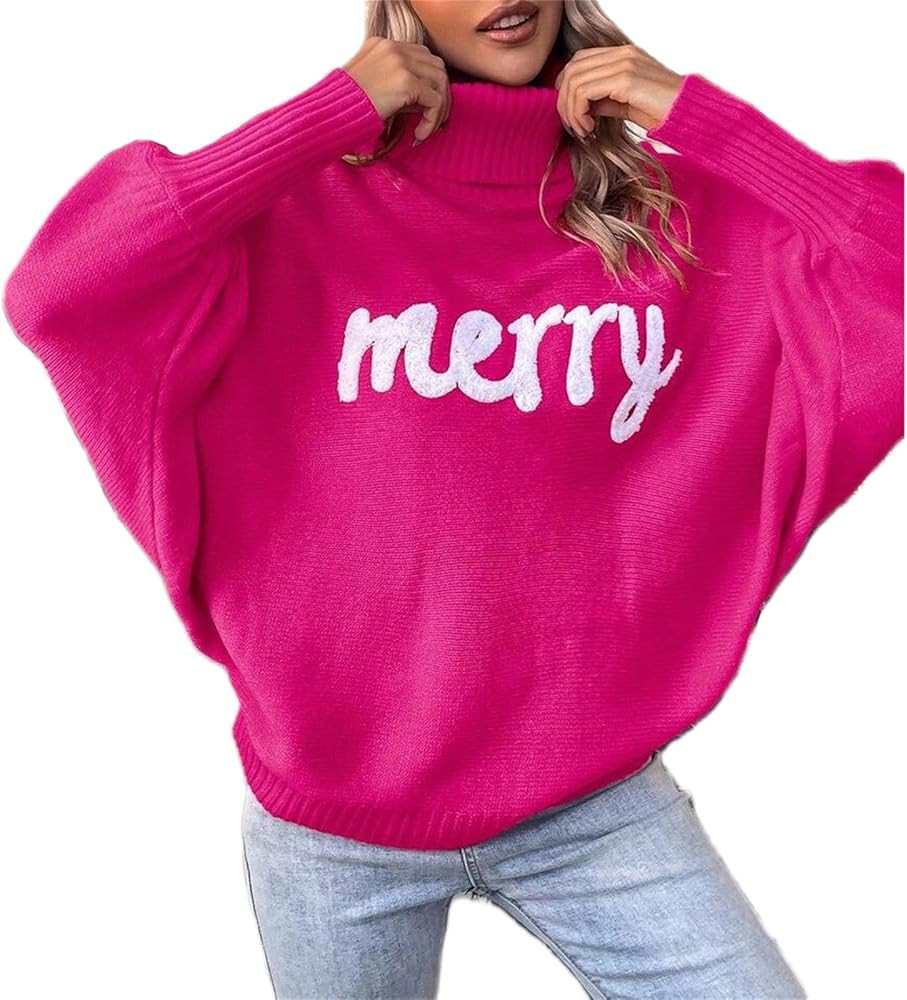 Merry Christmas Sweater for Women 2025 Long Batwing Sleeve Turtleneck Oversized Pullover Jumper F... | Amazon (US)