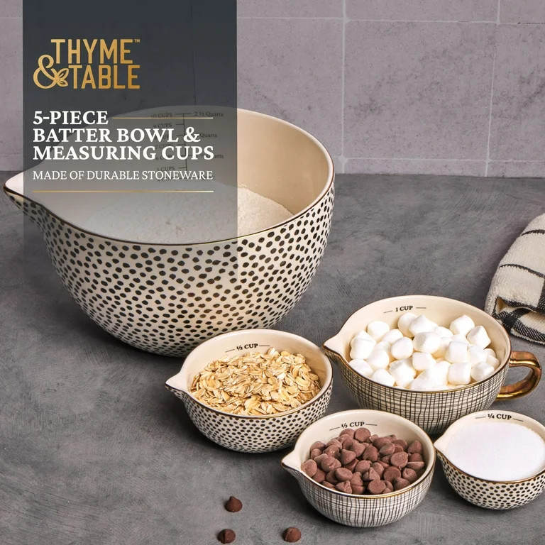 Thyme & Table, 5-Piece Ceramic Mixing Bowl and Measuring Bowl Set, Dot Pattern | Walmart (US)