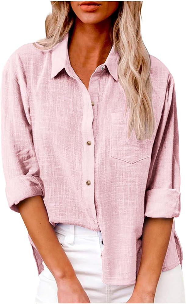 Ceboyel Women Cotton Linen Summer Tops Button Down Shirts Dressy Causal Long Sleeve Gauze Blouses... | Amazon (US)