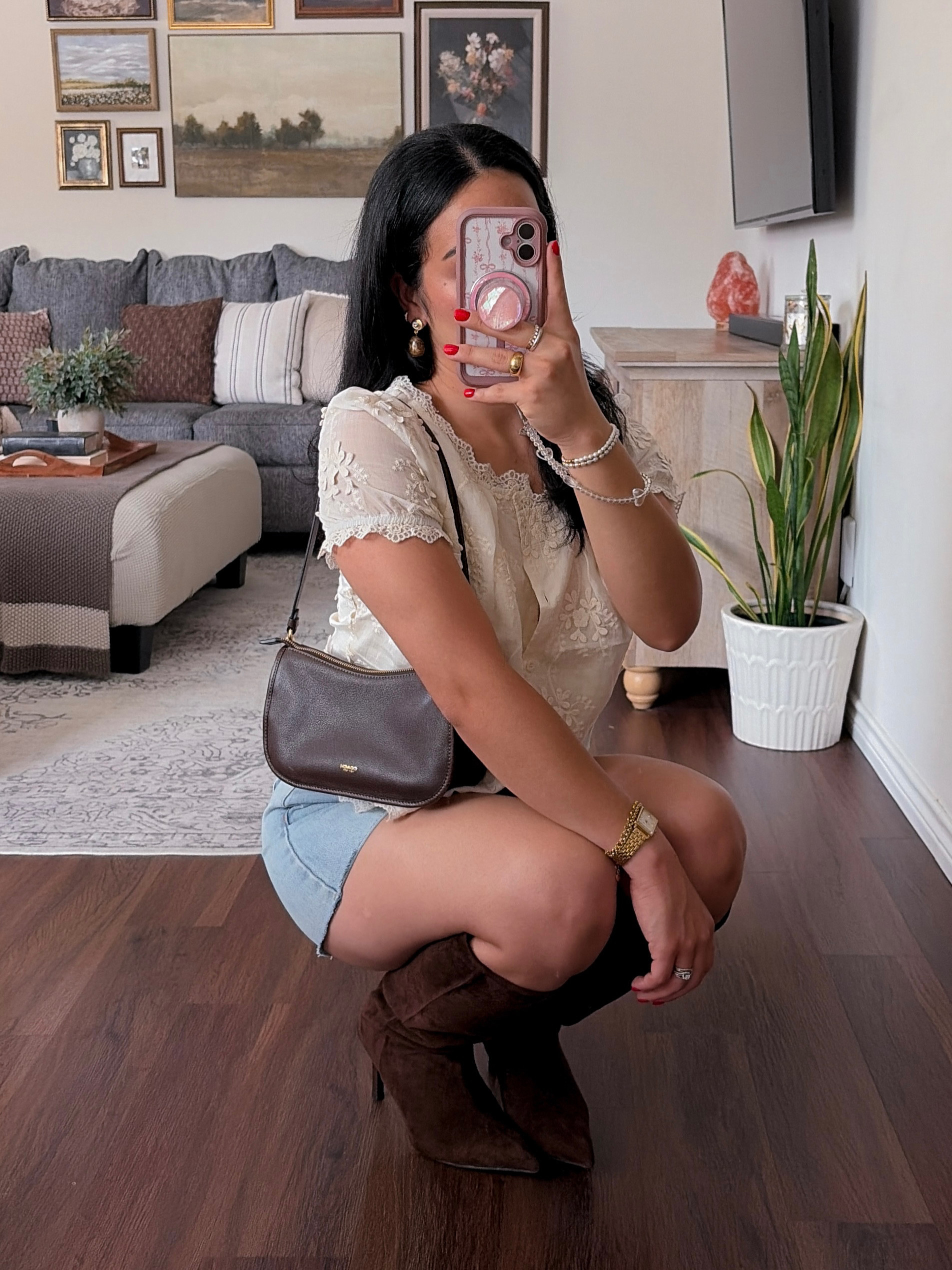 lace & florals ⋆˚✿˖° RIHOAS discount code: oza12RS ✨ white embroidered top, white lace top, white blouse, embroidered blouse, lace blouse, feminine blouse, puff sleeve top, short sleeve blouse, peplum top, cropped blouse, button front top, denim mini skirt, denim skirt, high waisted denim skirt, light wash denim skirt, denim mini skirt outfit, white and denim outfit, brown knee high boots, brown suede boots, knee high boots outfit, brown boots outfit, western inspired outfit, western chic outfit, casual fall outfit, fall fashion, autumn outfit, transitional outfit, summer to fall outfit, feminine fall outfit, romantic outfit, cottagecore outfit, country chic outfit, boho outfit, casual chic outfit, cute fall outfit, everyday outfit, weekend outfit, brunch outfit, date night outfit, fall date night outfit, gold accessories, brown handbag, shoulder bag, crossbody bag, timeless style, effortless outfit, cute outfit ideas, outfit inspiration, LTK fashion, LTK outfit  

 #LTKNYFW #LTKgrwm #LTKootd