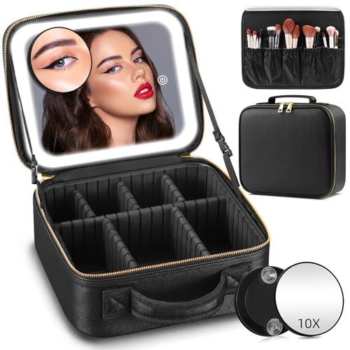 Jadazror Makeup Bag with Mirror and Light 3 Colors, Travel Make up Bag with Mirror Portable Lighted Makeup Case Organizer Cosmetic Case with 2-Layers Adjustable Dividers & 10X Magnifying Mirror(Black) | Amazon (US)