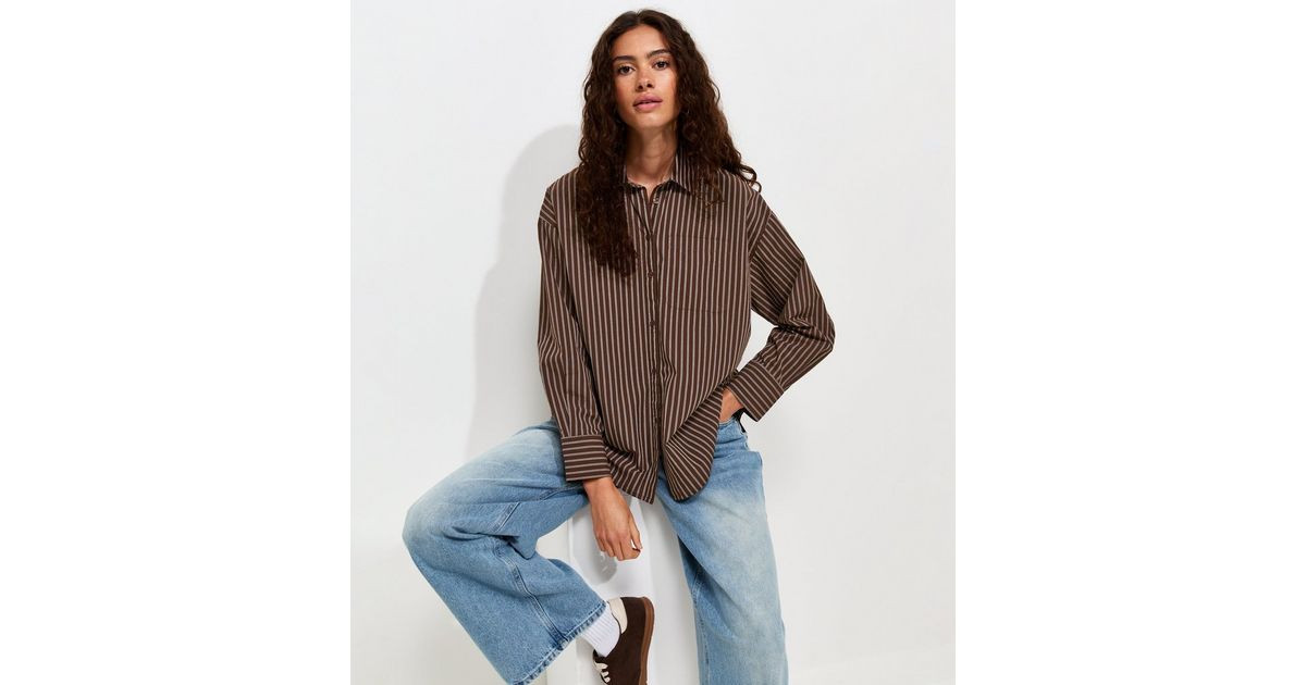 Women's Brown Cotton Poplin Striped Long Sleeve Shirt New Look | New Look (UK)