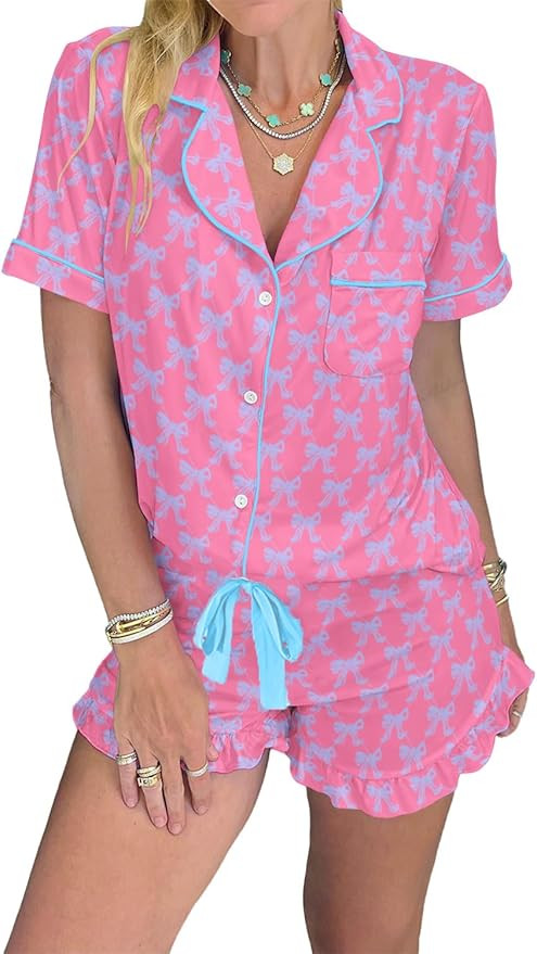 KevaMolly Womens Christmas Lounge Sets Candy Cane Print Pocketed Knotted PJ Set Short Sleeve Xmas... | Amazon (US)