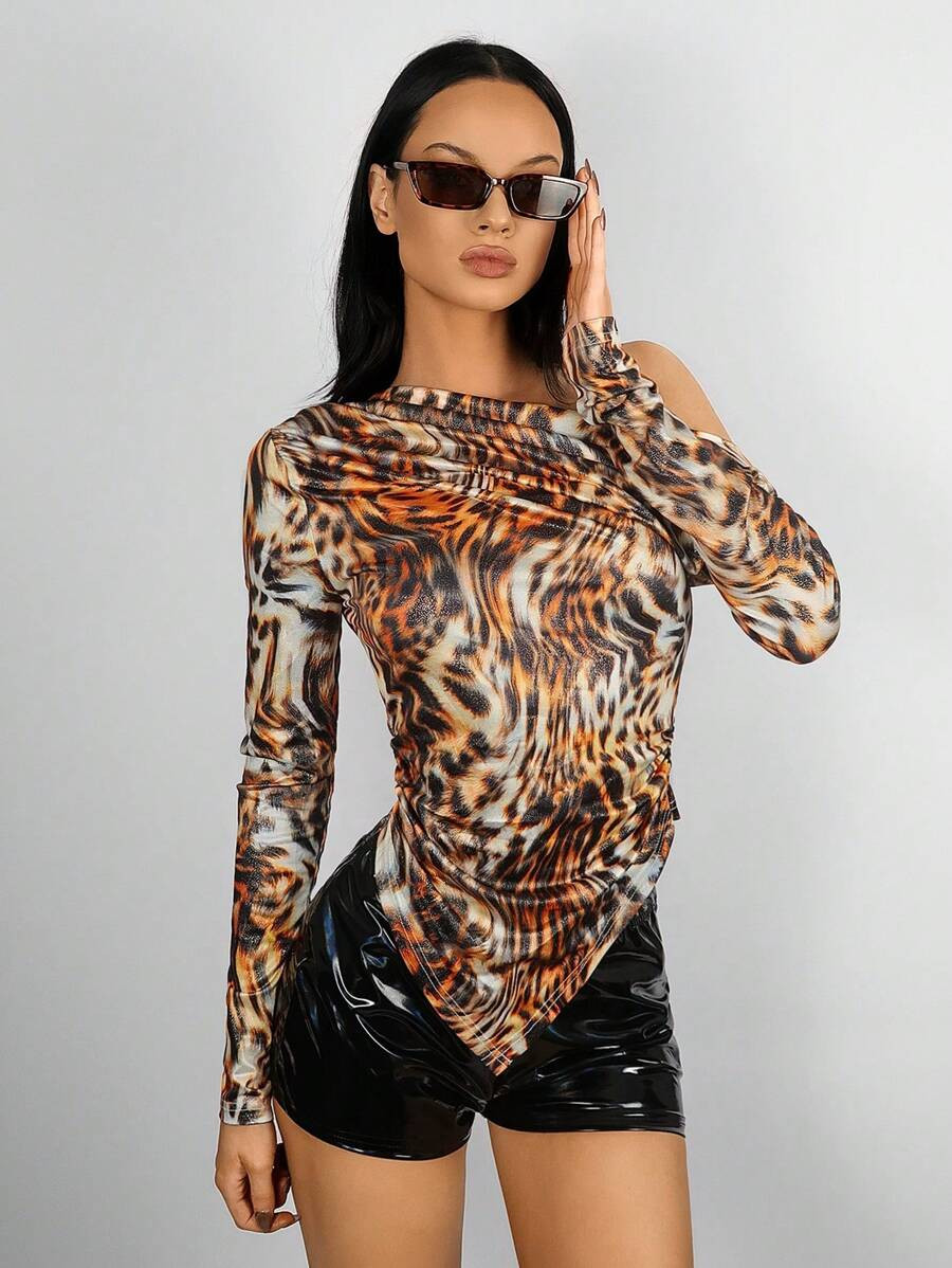 EgrlEra Y2K Party Sexy Minimalist Women's Asymmetric Leopard/Tiger Print Coated Fabric Fashion T-... | SHEIN