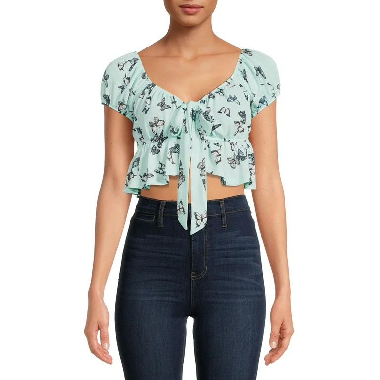 Almost Famous Women's Junior Peasant Sleeve Front Tie Peplum Crop Top - Walmart.com | Walmart (US)