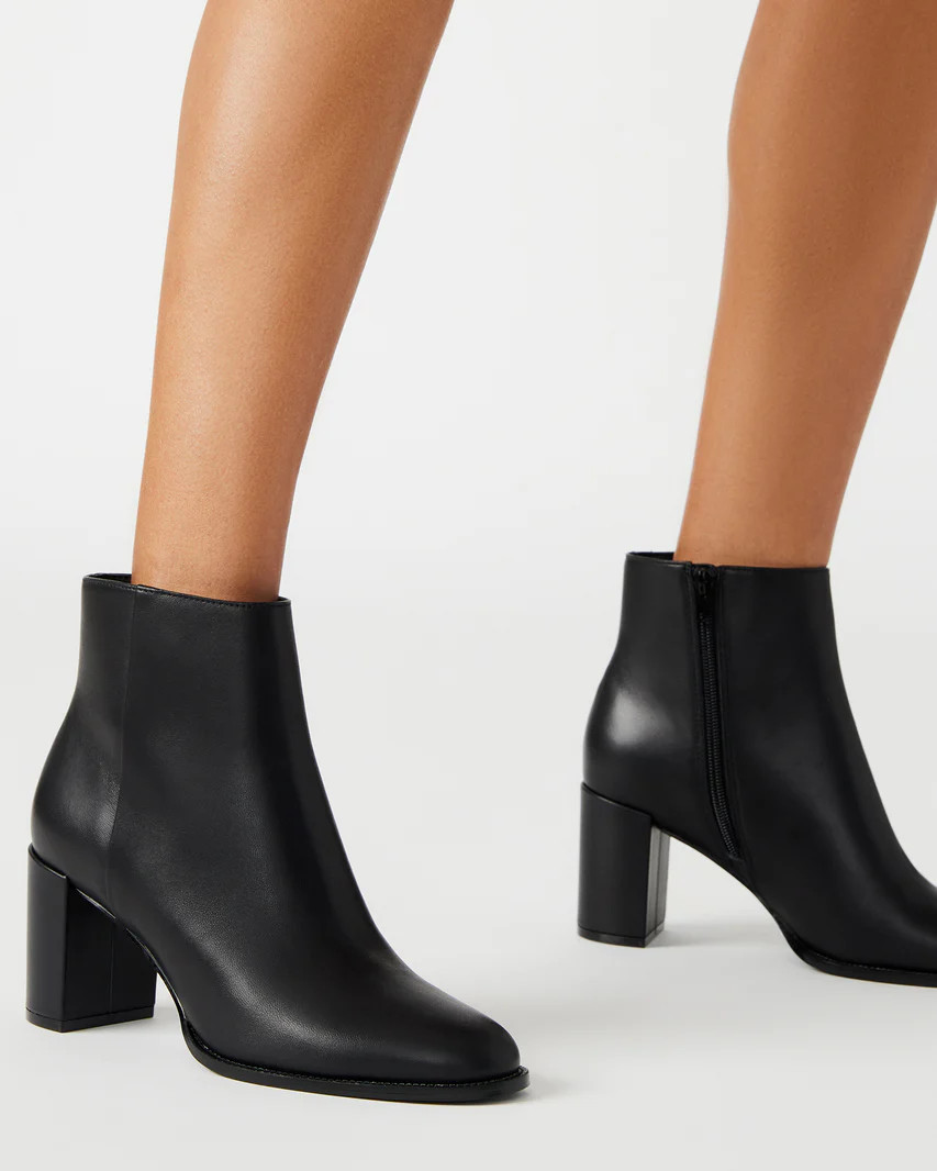 JOZIE Black Leather Block Heel Bootie | Women's Booties | Steve Madden (US)