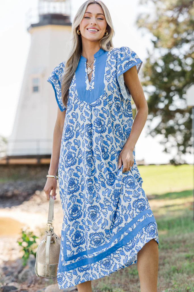 Good As Gold Blue Abstract Midi Dress | The Mint Julep Boutique