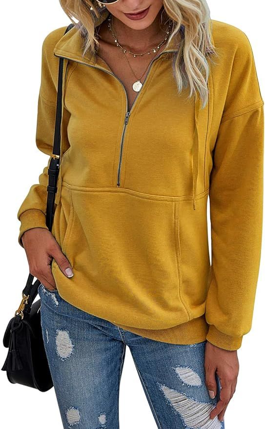 PRETTYGARDEN Women's Casual Long Sleeve Lapel Zipper Sweatshirt Drawstring Loose Pullover Tops | Amazon (US)