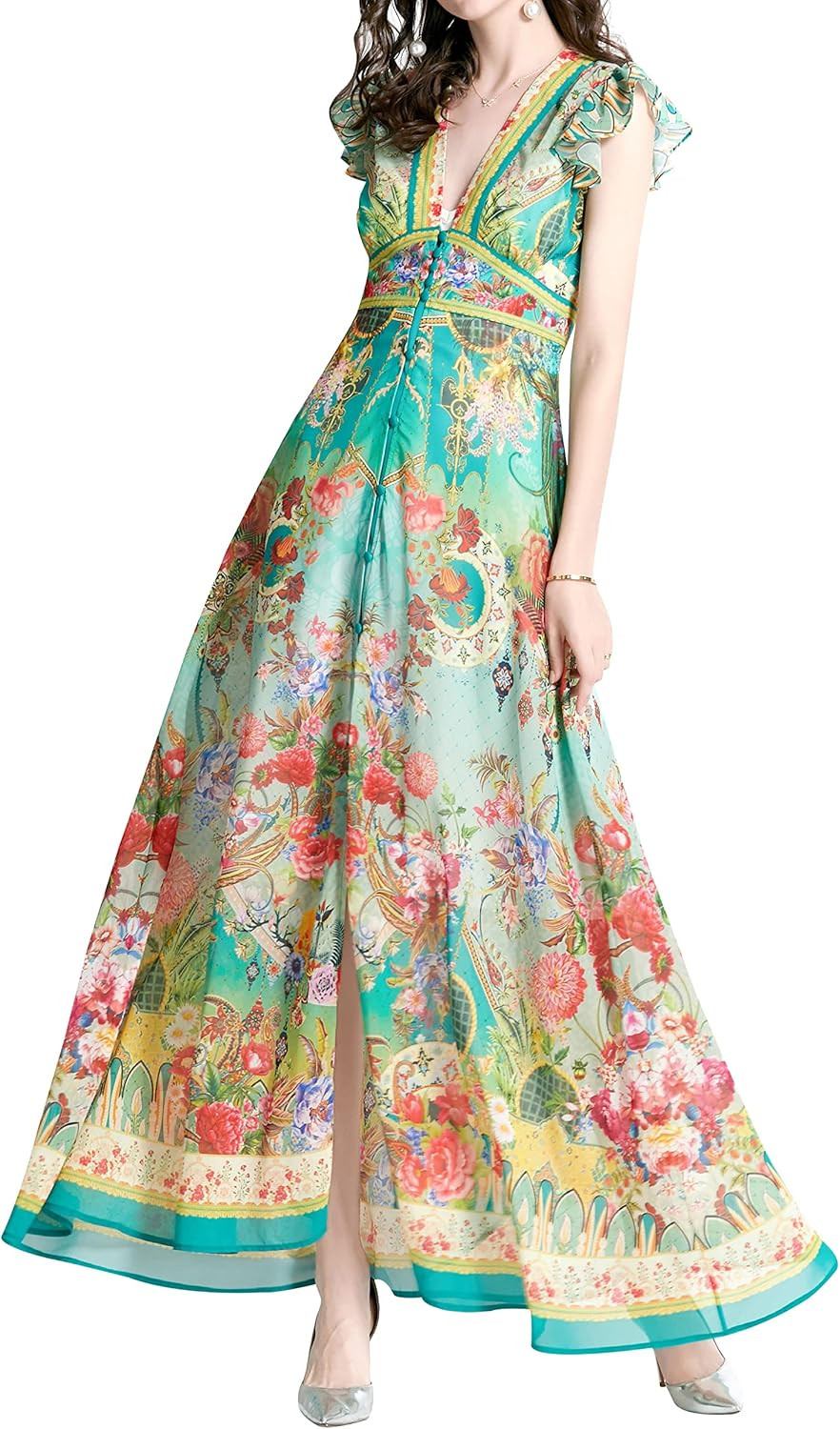 LAI MENG FIVE CATS Women's Floral Print Maxi Dress Flowy Casual Button Up Long Dress | Amazon (US)
