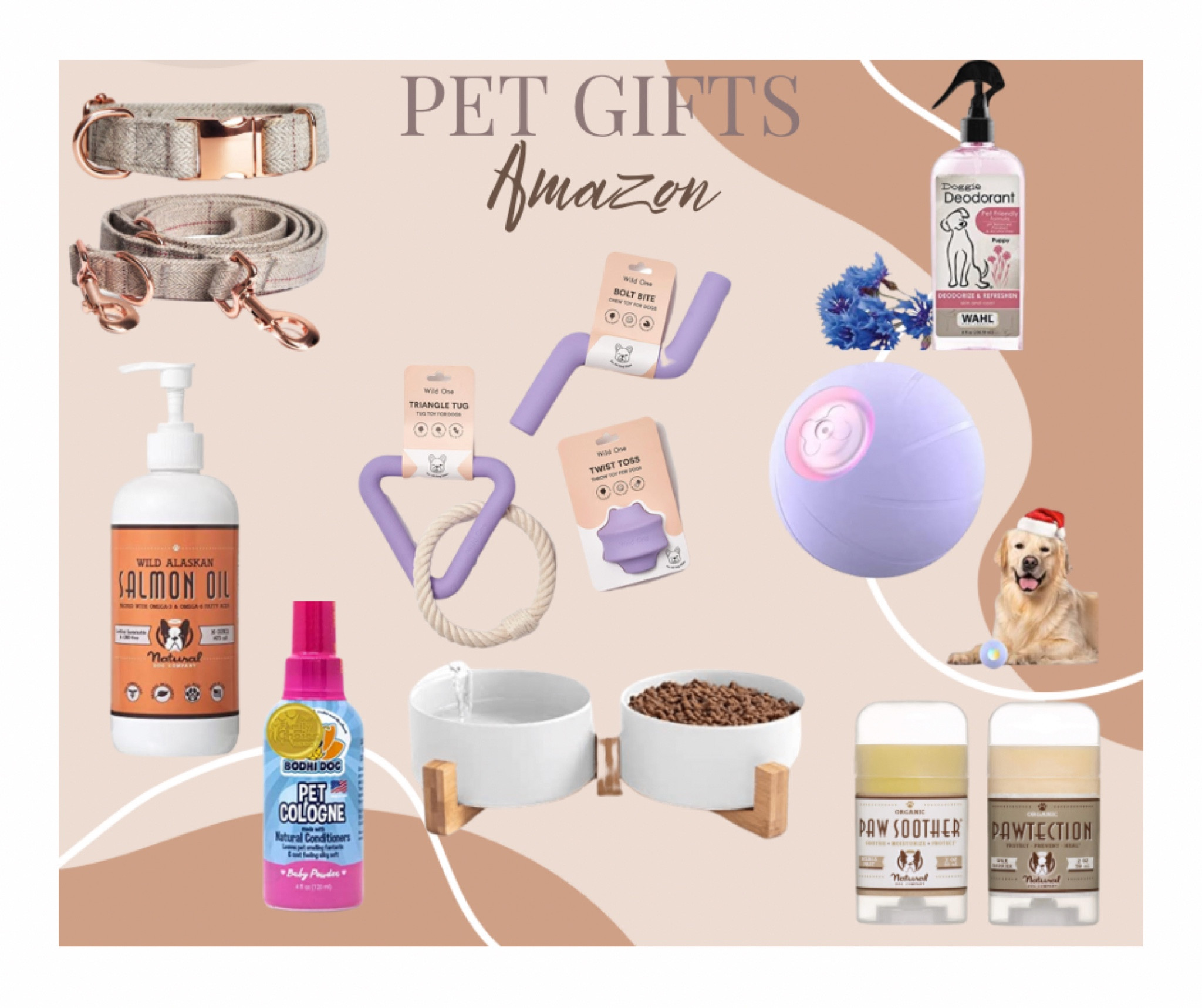 Aesthetic Amazon pet gifts 
Pet perfume 
Paw smoother 
Atomic ball 
Leash and collar 
Pet toys 
Pet water and food bowl 
Salmon oil 

#LTKfamily #LTKGiftGuide