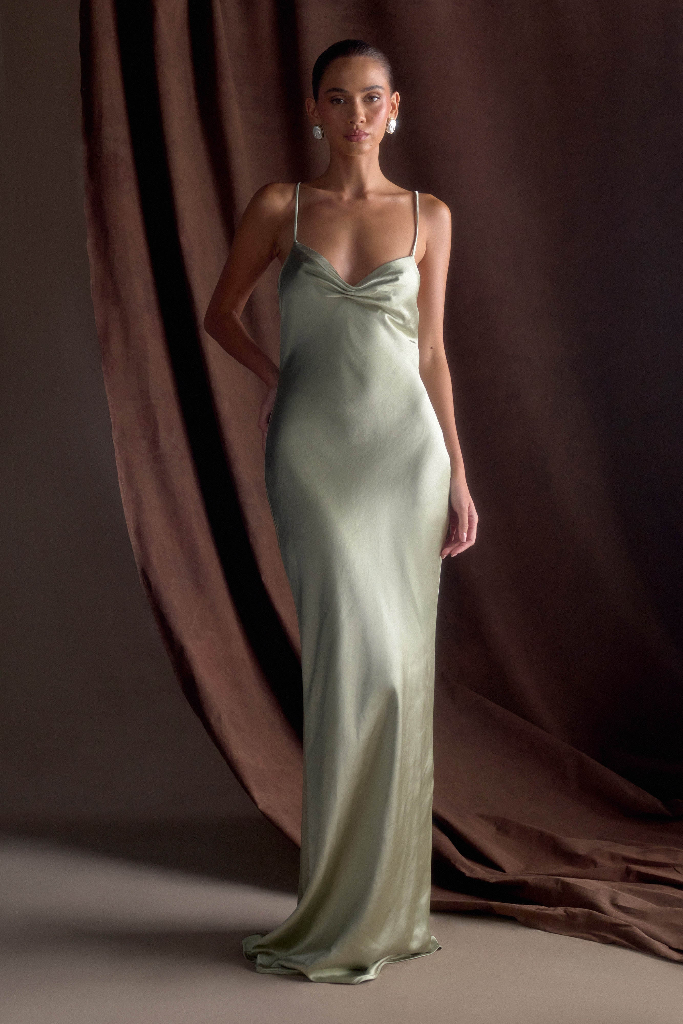 Lilly Sweetheart Satin Maxi Dress - Sage | MESHKI US