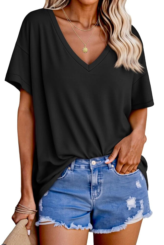 Tankaneo Womens Oversized Tshirts V Neck Short Sleeve Tops Summer Casual Loose Fit Tunic Tee Shir... | Amazon (US)