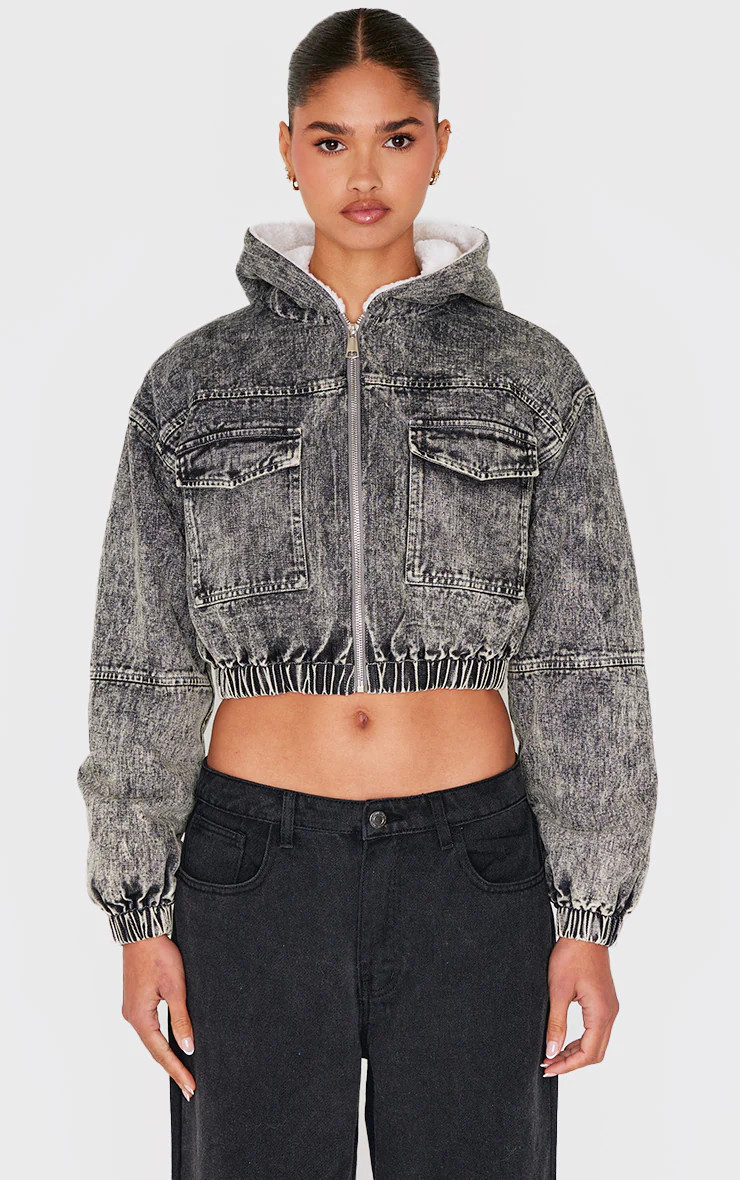 Washed Grey Faux Fur Lined Hood Cropped Denim Jacket | PrettyLittleThing US